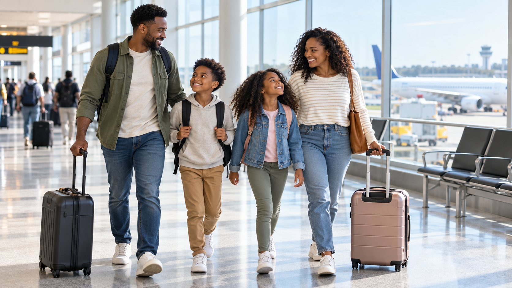 Illustrative scene of a family traveling through an airport with luggage