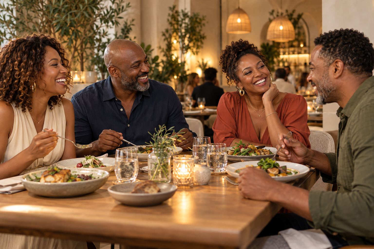 Black friends enjoying dinner and conversation together