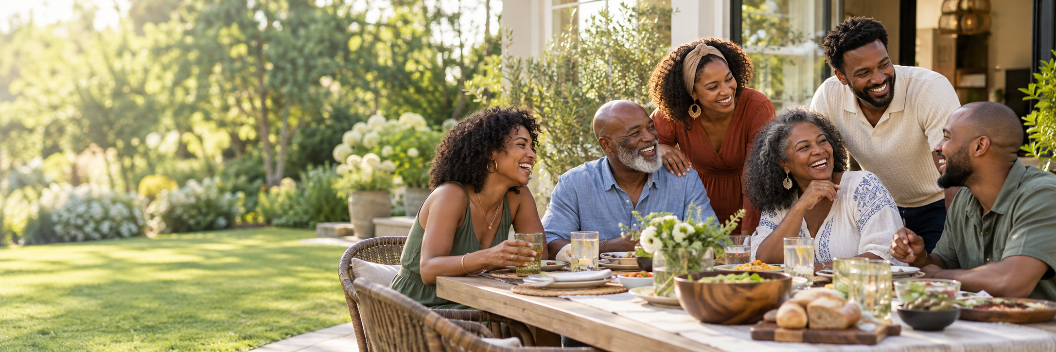 A multigenerational Black family and friends enjoying a sunny patio gathering